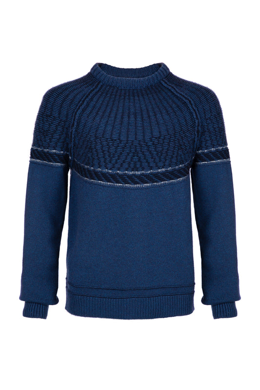 Johnstons of Elgin’s Men's Fairisle Yoke Cashmere Jumper in Ocean blue KAB05108Q23716