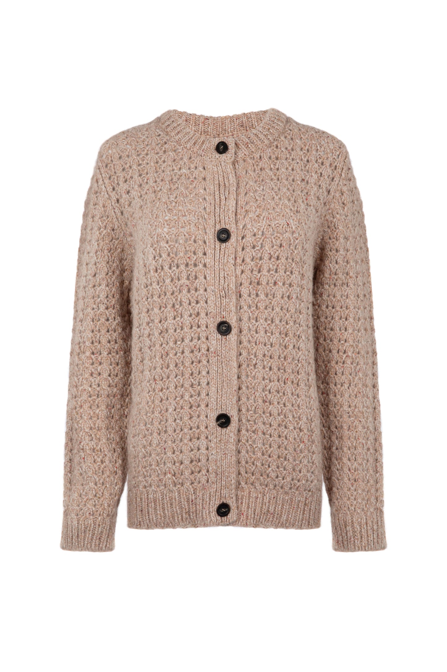 Johnstons of Elgin SS24 Women's Knitwear Camel Donegal Marl Crochet Stitch Donegal Cashmere Cardigan KAB05215004610