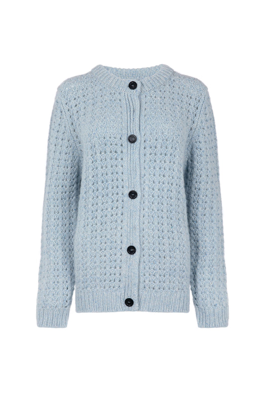 Johnstons of Elgin SS24 Women's Knitwear Sea Breeze Blue Donegal Marl Crochet Stitch Donegal Cashmere Cardigan KAB05215004612