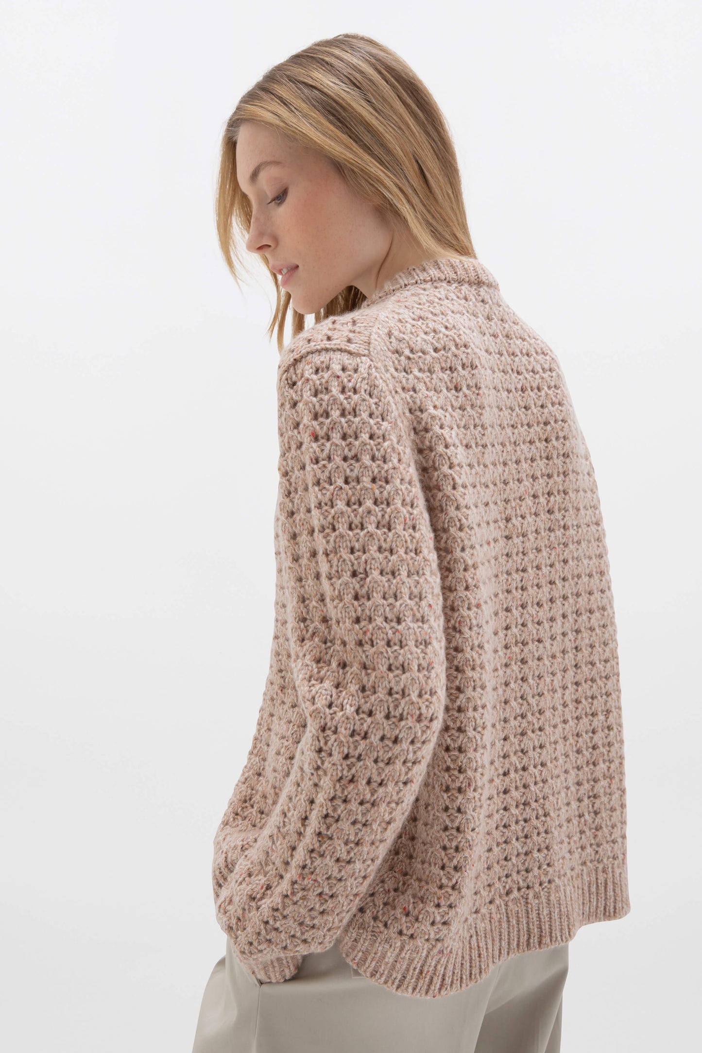 Johnstons of Elgin SS24 Women's Knitwear Camel Donegal Marl Crochet Stitch Donegal Cashmere Cardigan KAB05215004610