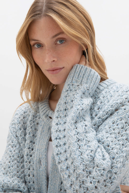 Johnstons of Elgin SS24 Women's Knitwear Sea Breeze Blue Donegal Marl Crochet Stitch Donegal Cashmere Cardigan KAB05215004612