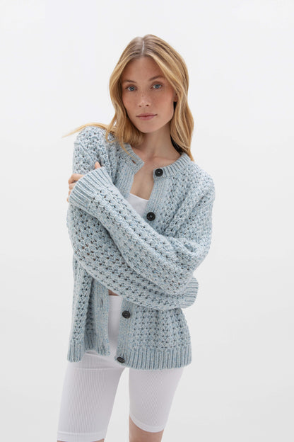 Johnstons of Elgin SS24 Women's Knitwear Sea Breeze Blue Donegal Marl Crochet Stitch Donegal Cashmere Cardigan KAB05215004612