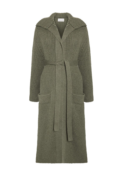 Johnstons of Elgin AW24 Women's Knitwear Olive Long Ribbed Cashmere Cardigan KAB05283Q24682