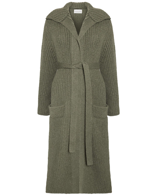 Johnstons of Elgin AW24 Women's Knitwear Olive Long Ribbed Cashmere Cardigan KAB05283Q24682