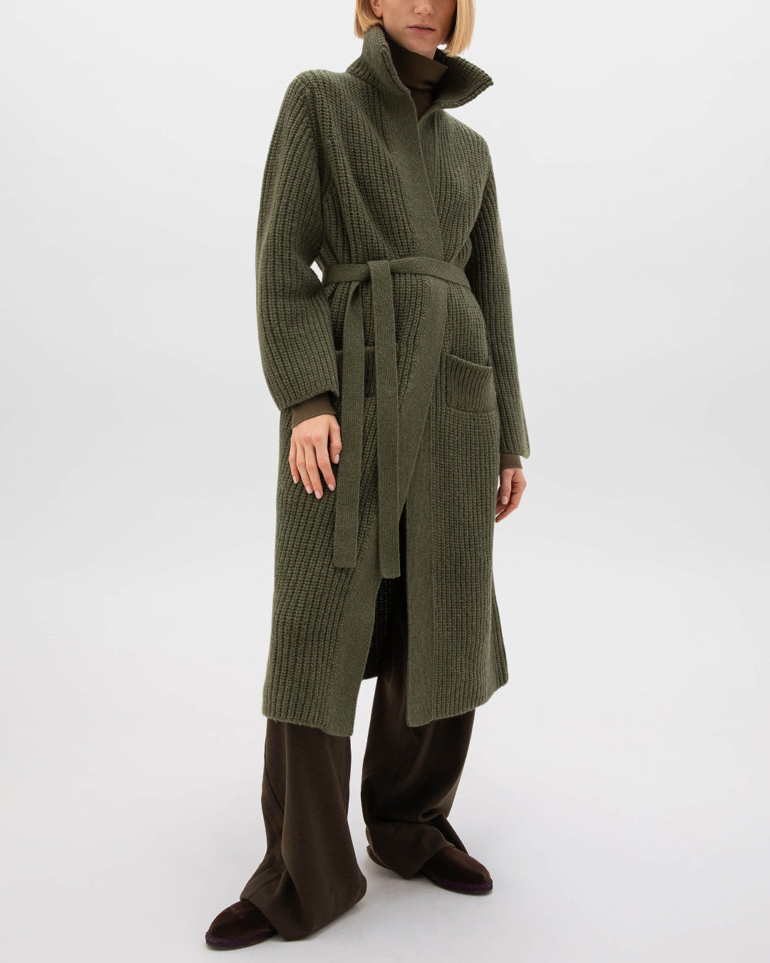 Johnstons of Elgin AW24 Women's Knitwear Olive Long Ribbed Cashmere Cardigan KAB05283Q24682