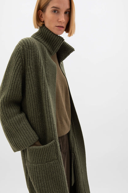 Johnstons of Elgin AW24 Women's Knitwear Olive Long Ribbed Cashmere Cardigan KAB05283Q24682