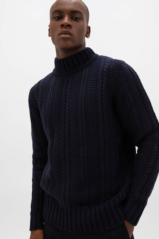 Johnstons of Elgin AW24 Men's Knitwear Dark Navy Cable Turtle Neck Jumper KAB05312SD7286