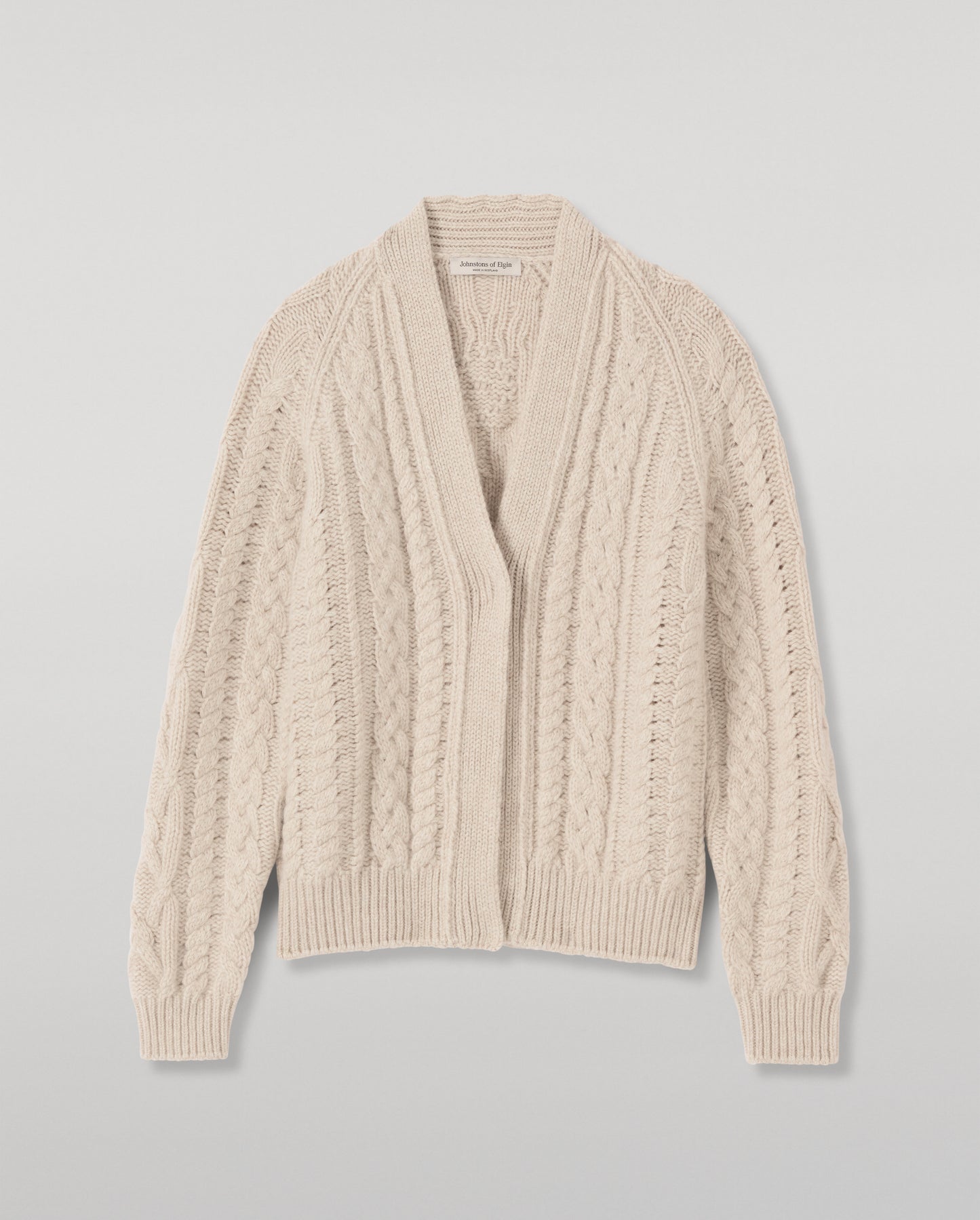JOHNSTONS OF ELGIN MABEL VEE CARDIGAN CASHMERE ARAN CABLE VEE NECK CARDIGAN DETAIL ON BACK CREAM 100% CASHMERE KAB05982HA0396