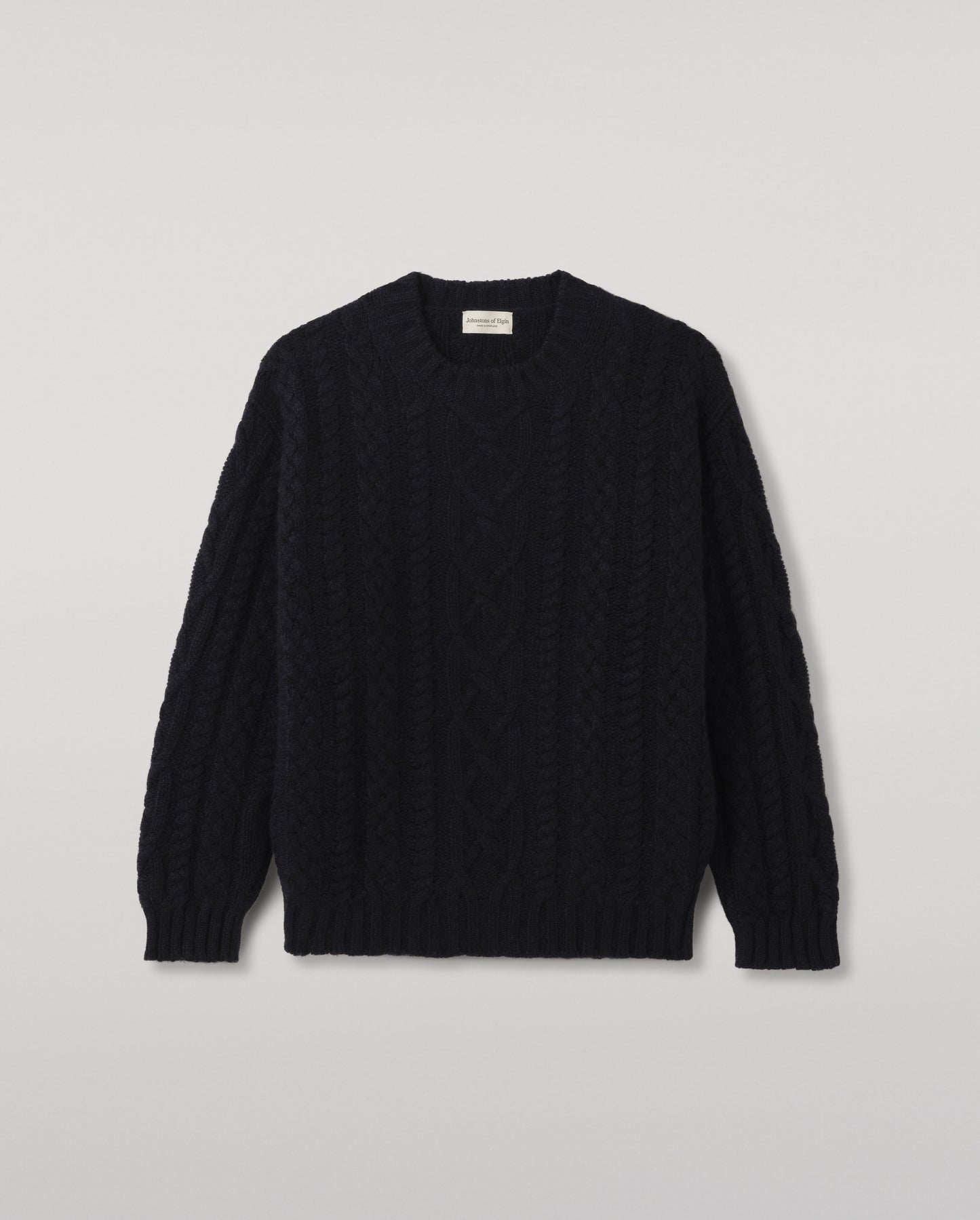 JOHNSTONS OF ELGIN MACDONALD CABLE CREW CASHMERE ARAN CABLE CREW SWEATER DARK BLUE 100% CASHMERE KAB06009HD7347