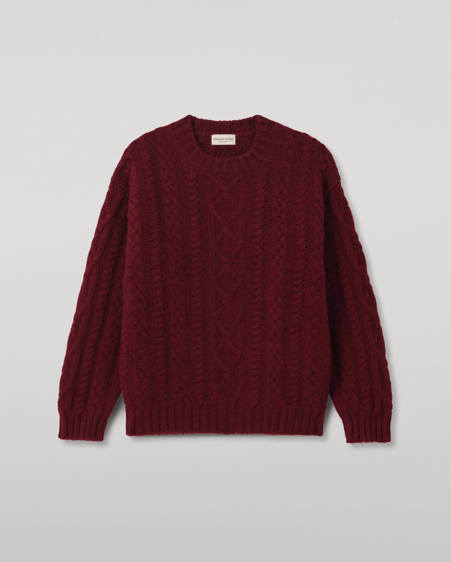 JOHNSTONS OF ELGIN MACDONALD CABLE CREW CASHMERE ARAN CABLE CREW SWEATER DARK RED 100% CASHMERE KAB06009HE7068