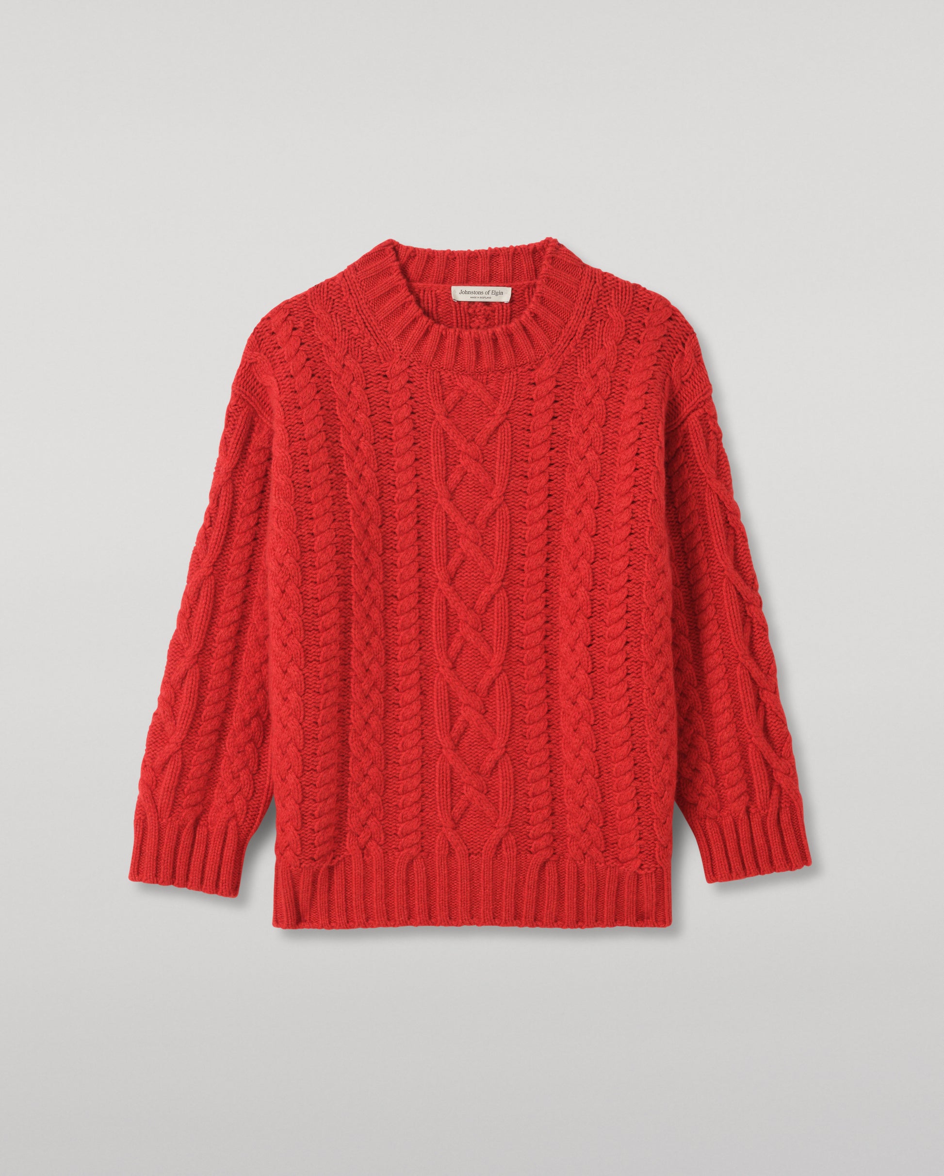 JOHNSTONS OF ELGIN MABEL CREW SWEATER CASHMERE ARAN CABLE ROUND NECK SWEATER RED 100% CASHMERE KAB06123HE4390