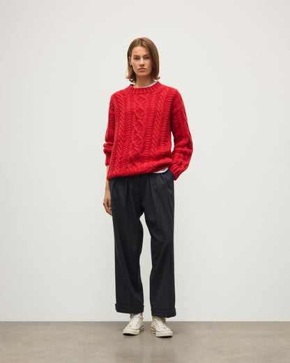 JOHNSTONS OF ELGIN MABEL CREW SWEATER CASHMERE ARAN CABLE ROUND NECK SWEATER RED 100% CASHMERE KAB06123HE4390