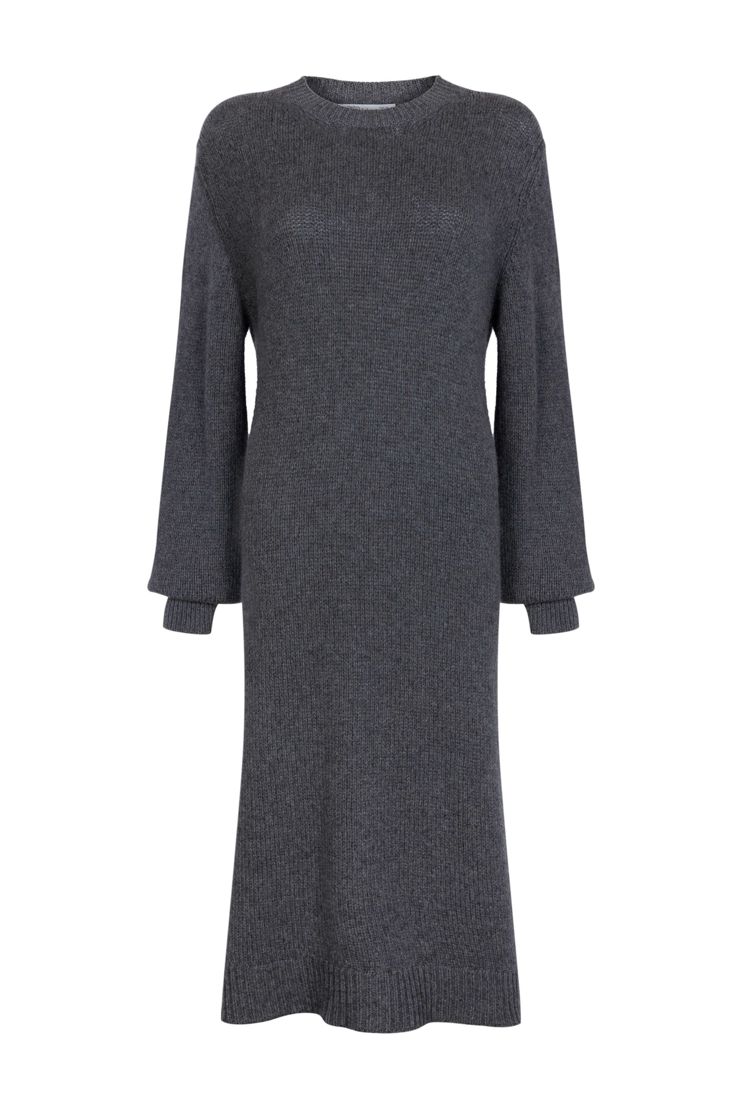 Johnstons of Elgin Crew Neck Cashmere Jumper Dress in Mid Grey on a white background KAC05045HA4181