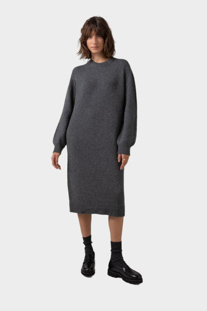 Johnstons of Elgin Crew Neck Cashmere Jumper Dress in Mid Grey on a grey background KAC05045HA4181