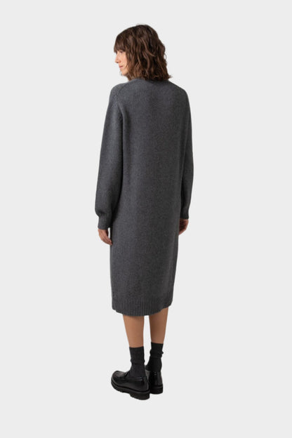 Back view of Johnstons of Elgin Crew Neck Cashmere Jumper Dress in Mid Grey on a grey background KAC05045HA4181