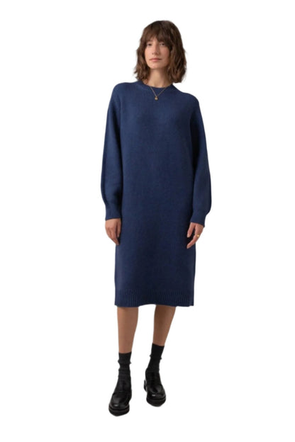 Johnstons of Elgin Crew Neck Cashmere Jumper Dress in Ocean a grey background KAC05045HD7244