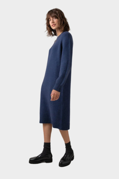 Side view of Johnstons of Elgin Crew Neck Cashmere Jumper Dress in Ocean a grey background KAC05045HD7244