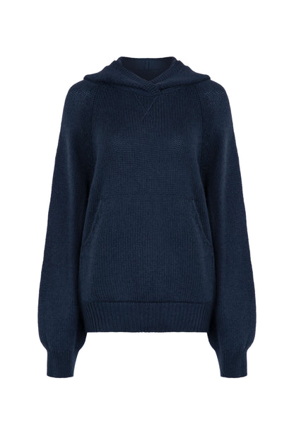 Johnstons of Elgin Womens Knitwear Mazarine Blue Oversized Cashmere Hoodie KAC05050SD7351