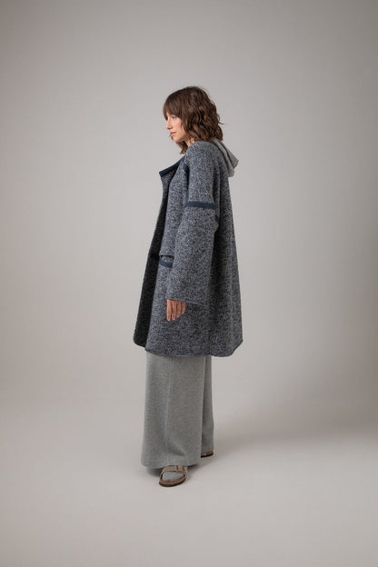 Johnstons of Elgin Basket Weave Cashmere Cape Coat worn with a Grey Cable Hoodie and Grey Wide Leg Trousers KAC05057Q23741ONE