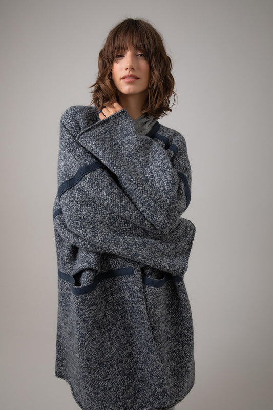 Johnstons of Elgin Basket Weave Cashmere Cape Coat worn with an Grey Cable Hoodie KAC05057Q23741ONE