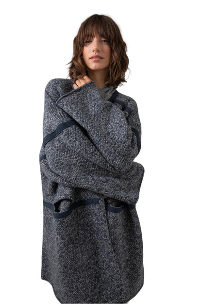 Johnstons of Elgin Basket Weave Cashmere Cape Coat worn with an Grey Cable Hoodie KAC05057Q23741ONE