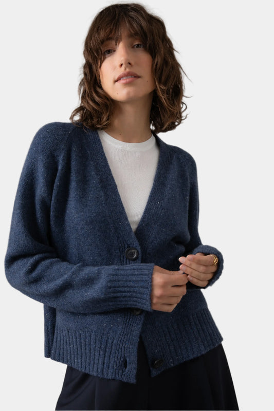 Johnstons of Elgin Women's Relaxed Fit V Neck Donegal Cashmere Cardigan in Denim Donegal KAC05090004383