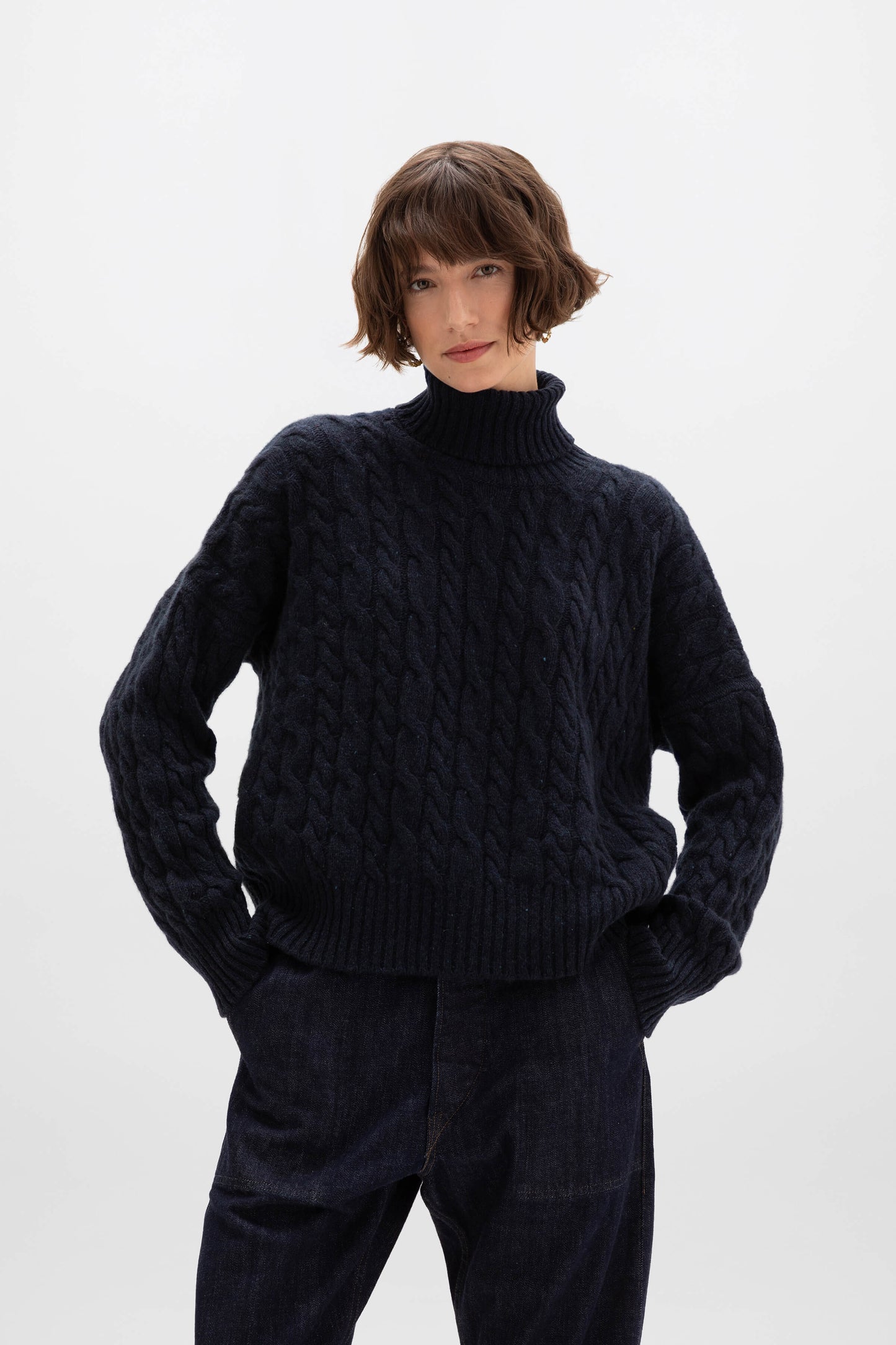 Johnstons of Elgin AW24 Women's Knitwear Dark Navy Donegal Cable Cashmere Roll Neck KAC05091004880