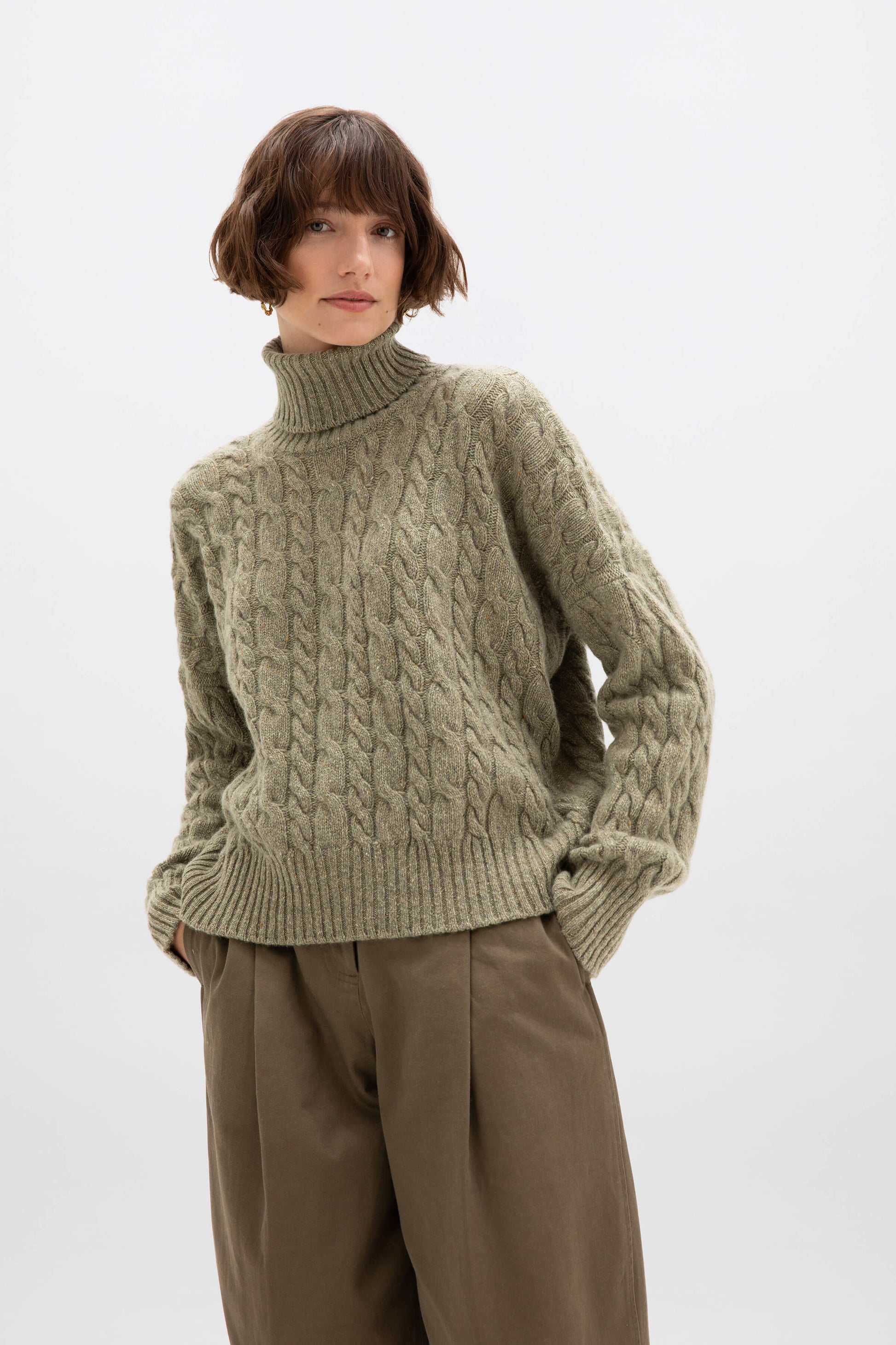 Johnstons of Elgin AW24 Women's Knitwear Lichen Donegal Cable Cashmere Roll Neck KAC05091004882