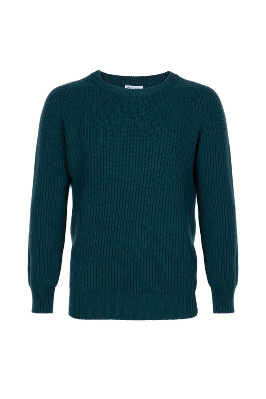 Johnstons of Elgin’s Men's Cashmere Ribbed Round Neck Jumper in Mallard green on a white background KAC05109HC7126