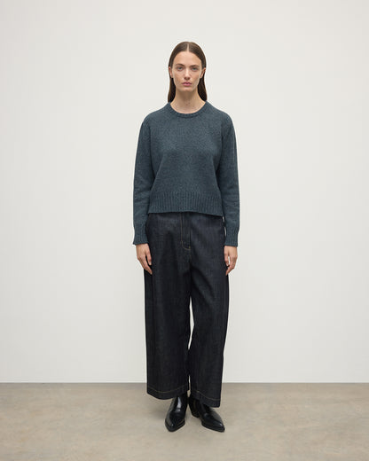 Model wearing Johnstons of Elgin AW25 Women's Knitwear Storm Donegal Donegal Blue Cashmere Jumper Front View KAC05289006336