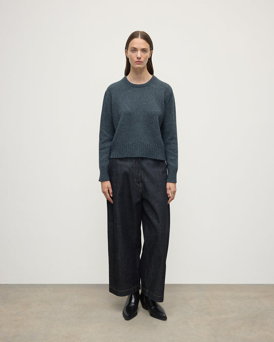 Model wearing Johnstons of Elgin AW25 Women's Knitwear Storm Donegal Donegal Blue Cashmere Jumper Front View KAC05289006336