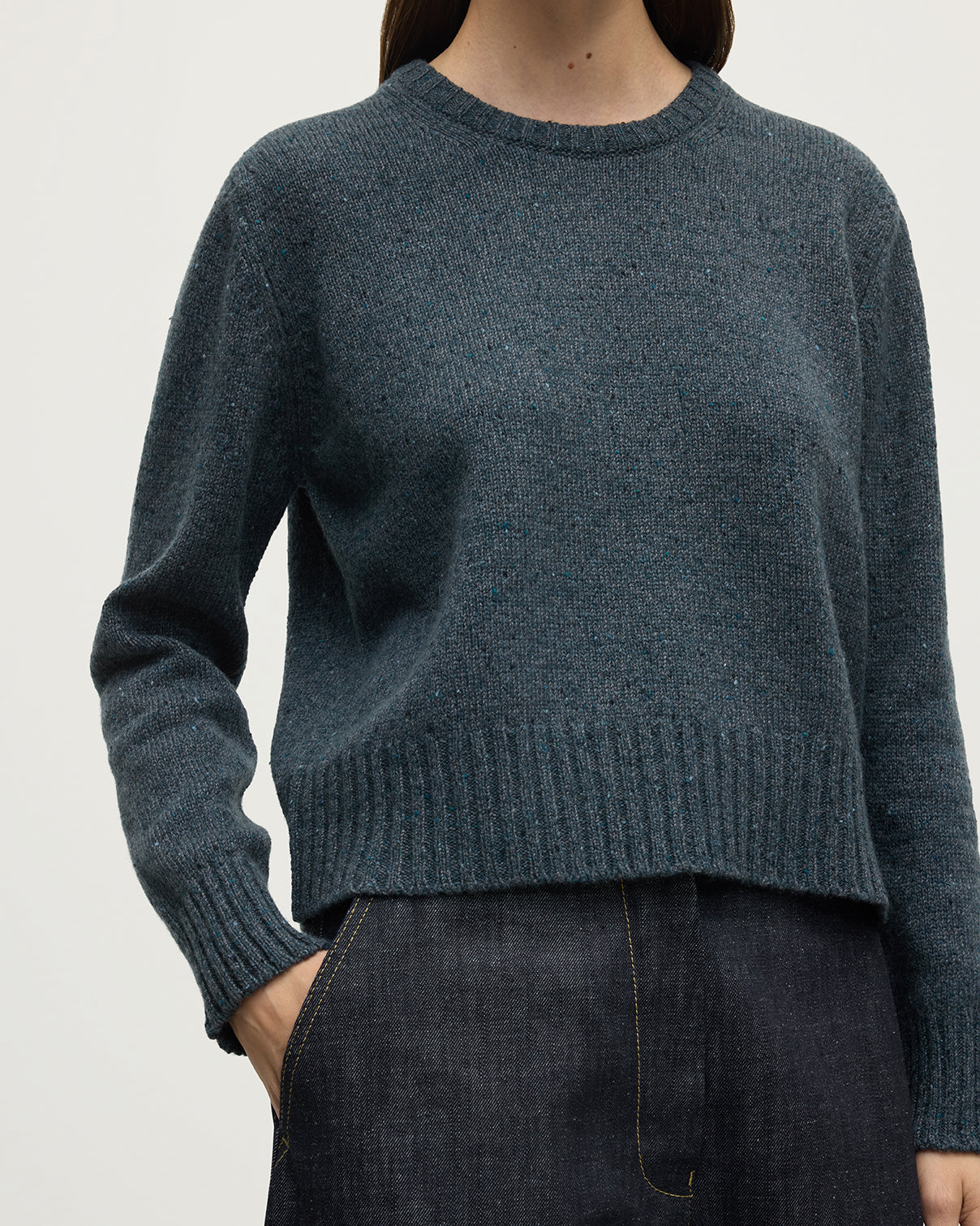 Model wearing Johnstons of Elgin AW25 Women's Knitwear Storm Donegal Donegal Blue Cashmere JumperDetails KAC05289006336