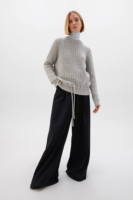 Johnstons of Elgin AW24 Women's Knitwear Pale Grey Donegal Cashmere Crochet Sweater KAC05290004384