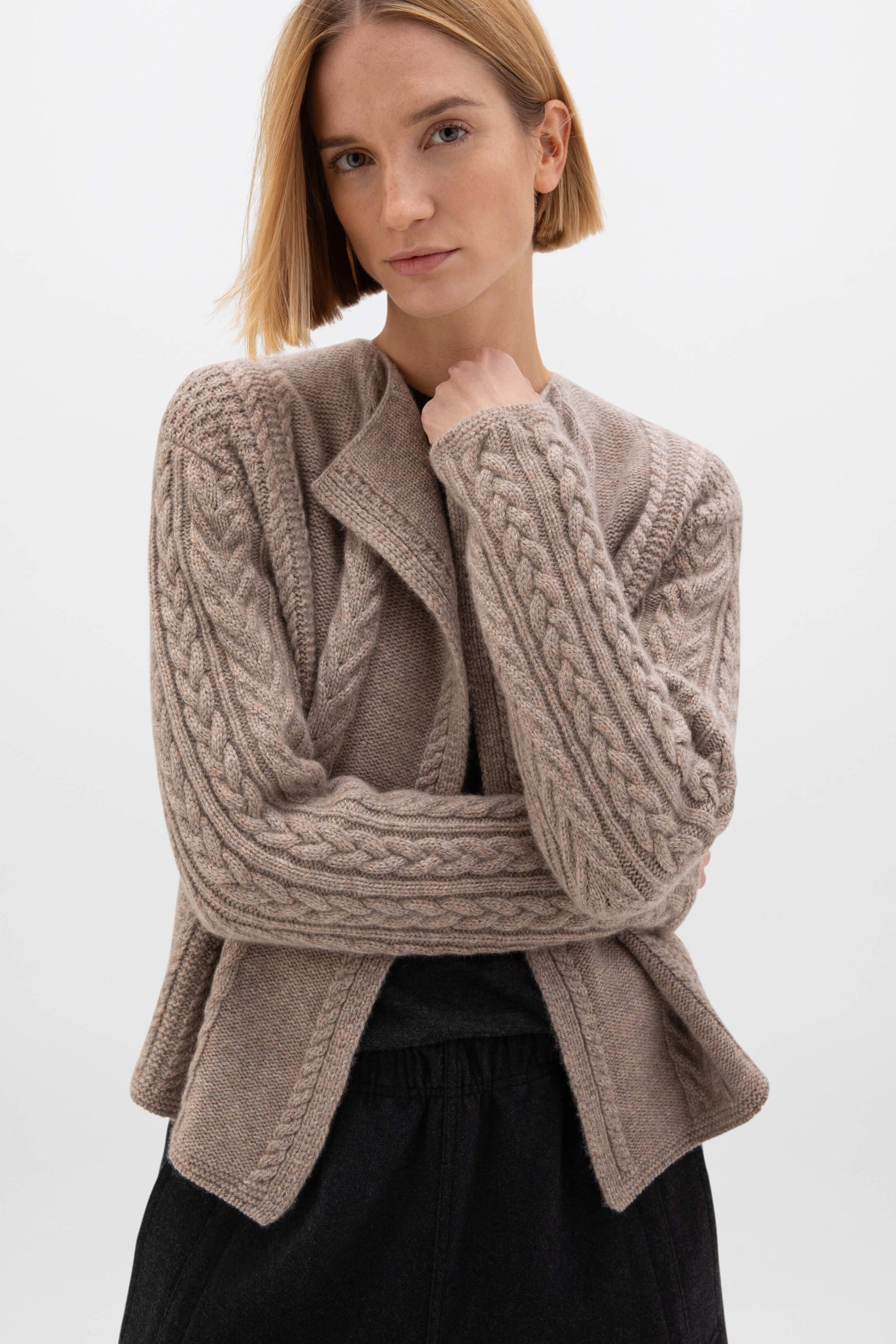 Brown Aran Cable Cashmere Waterfall Cardigan Scottish Luxury