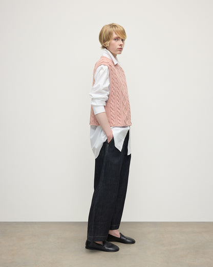 model wearing Johnstons of Elgin AW25 Women's Knitwear Nude Aran Cable Pink Cashmere Tank Side View KAC05321SE0740