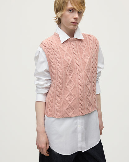 model wearing Johnstons of Elgin AW25 Women's Knitwear Nude Aran Cable Pink Cashmere Tank Details KAC05321SE0740