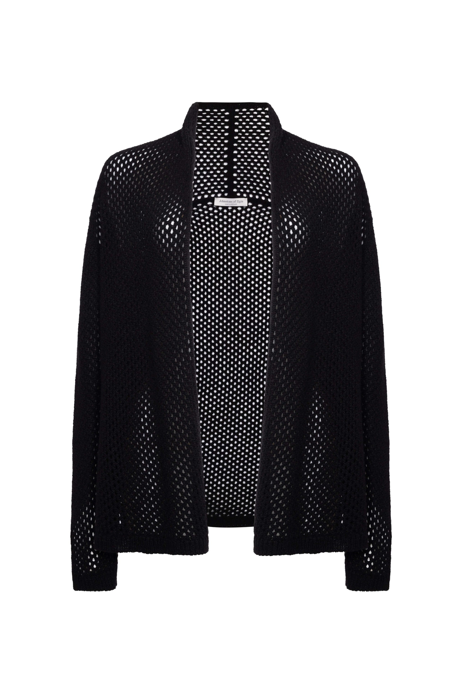 Johnstons of Elgin AW24 Women's Knitwear Black Crochet Cashmere Shawl Collar Cardigan KAC05325SA0900