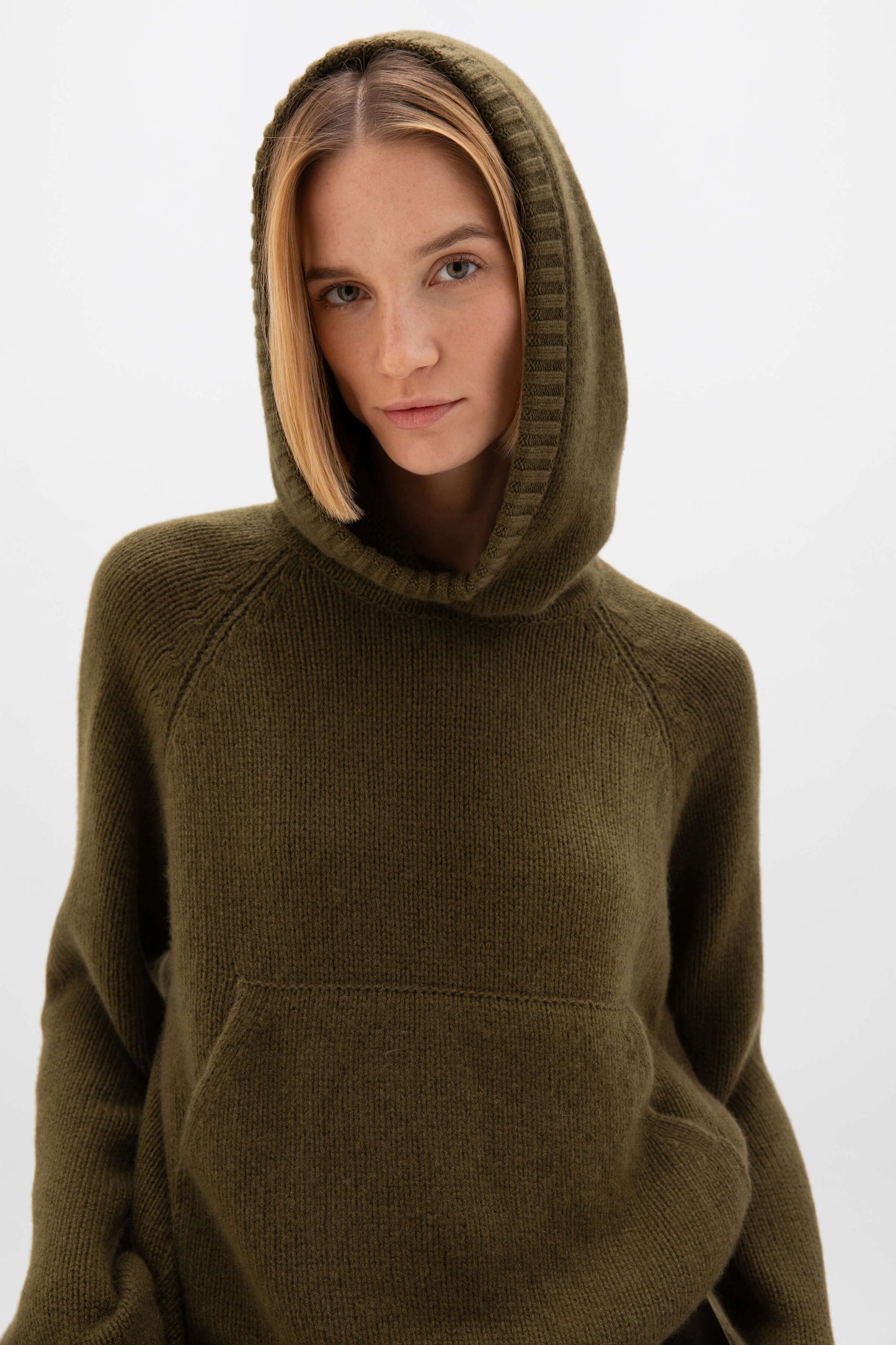 Johnstons of Elgin AW24 Women's Knitwear Olive Luxe Snood Cashmere Hoodie KAC05328SC4573