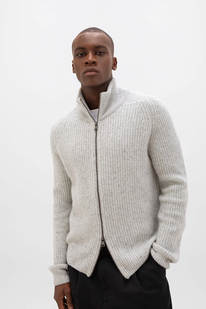 Johnstons of Elgin AW24 Men's Donegal Ribbed Zip Cardigan in Pale Grey KAC05335004384