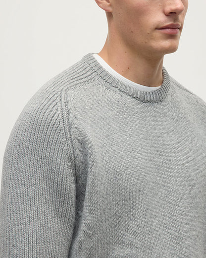 Close Up of model wearing Johnstons of Elgin AW25 Men's Knitwear Light Grey Ribbed Grey Cashmere Jumper KAC05540HA0308