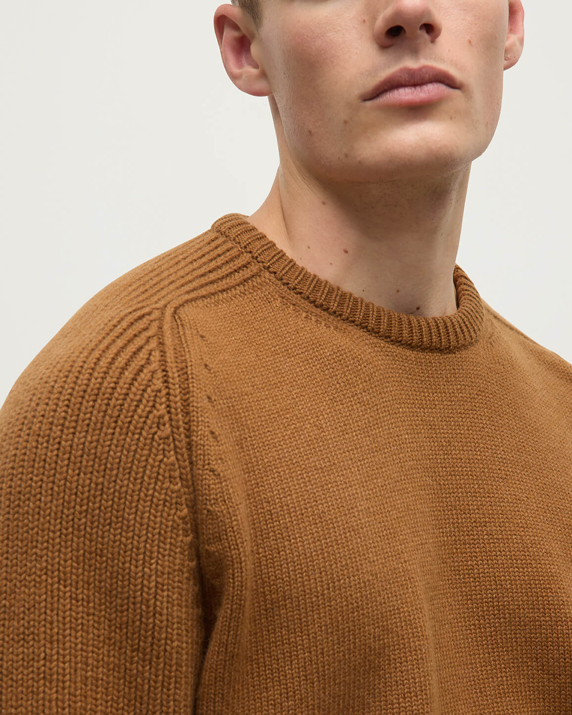 Details view of model wearing Johnstons of Elgin AW25 Men's Knitwear Dark Camel Ribbed Camel Cashmere Jumper KAC05540SB4620