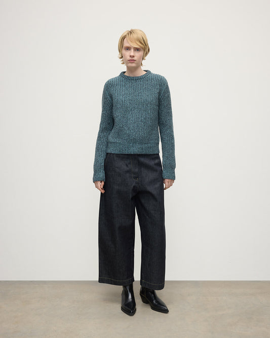 Model wearing Johnstons of Elgin AW25 Women's Knitwear Storm Donegal & Seascape High Neck Donegal Cashmere Blue Jumper Front View KAC05590Q25392