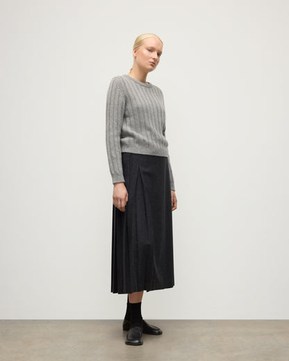 JOHNSTONS OF ELGIN WOMENS LECHT CREW SWEATER GREY 100% CASHMERE ON A MODEL WORN WITH A LONG LE KILT CHARCOAL KILT KAC05706HA0400