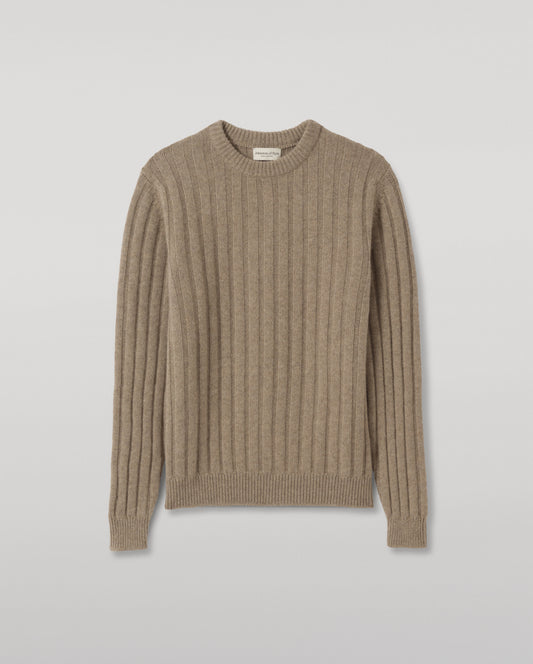 JOHNSTONS OF ELGIN PEEL CREW SWEATER CASHMERE FLAT RIB CREW SWEATER - 8 PLY LIGHT BROWN 100% CASHMERE KAC05751HB4447