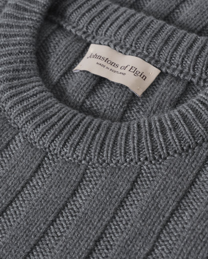 JOHNSTONS OF ELGIN PEEL CREW SWEATER CASHMERE FLAT RIB CREW SWEATER - 8 PLY GREY 100% CASHMERE KAC05751SA7216S