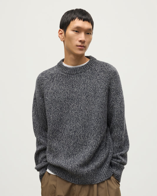 MALE MODEL WEARS JOHNSTONS OF ELGIN FYFE CREW SWEATER NAVY 100% CASHMERE KAC05753006876
