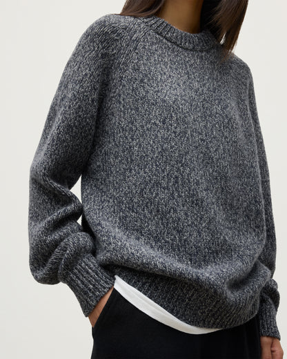 FEMALE MODEL WEARS JOHNSTONS OF ELGIN FYFE CREW SWEATER NAVY 100% CASHMERE OVER WHITE T-SHIRT UAC05753006876