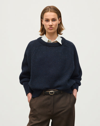 JOHNSTONS OF ELGIN NORAH CREW SWEATER DONEGAL CASHMERE OVERSIZED RIBBED SWEATER BLUE 100% CASHMERE KAC05993HD7348
