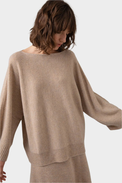 Johnstons of Elgin Boat Neck Cashmere Cape Jumper in Oatmeal on a grey background KAI05048HB0210