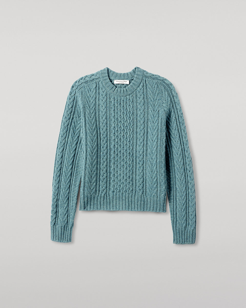 Johnstons of Elgin AW25 Women's Knitwear Seascape Aran Cable Green Cashmere Jumper Close up  KAI05086HC0038